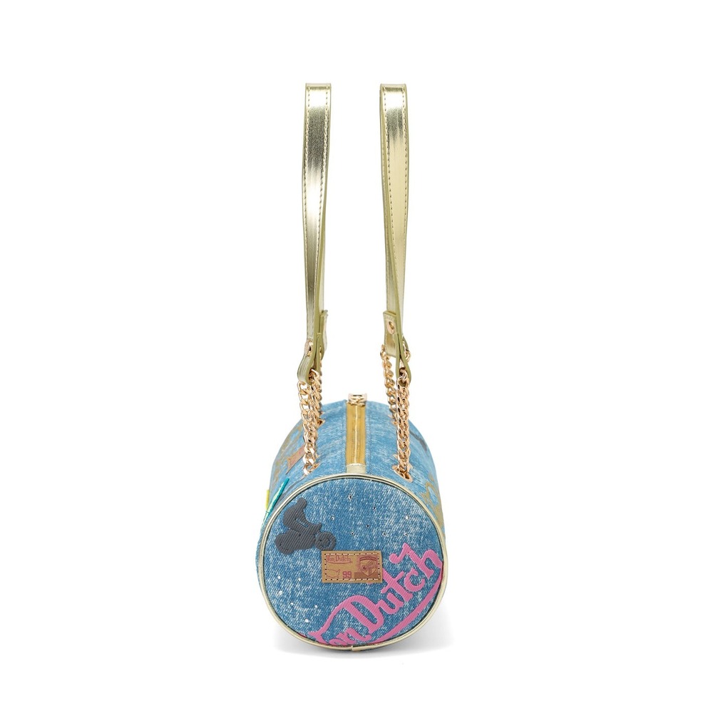 Von Dutch Denim Barrel Bag Y2K Blue Multi Logo Patch Gold Chain Strap Small - Picture 4 of 9